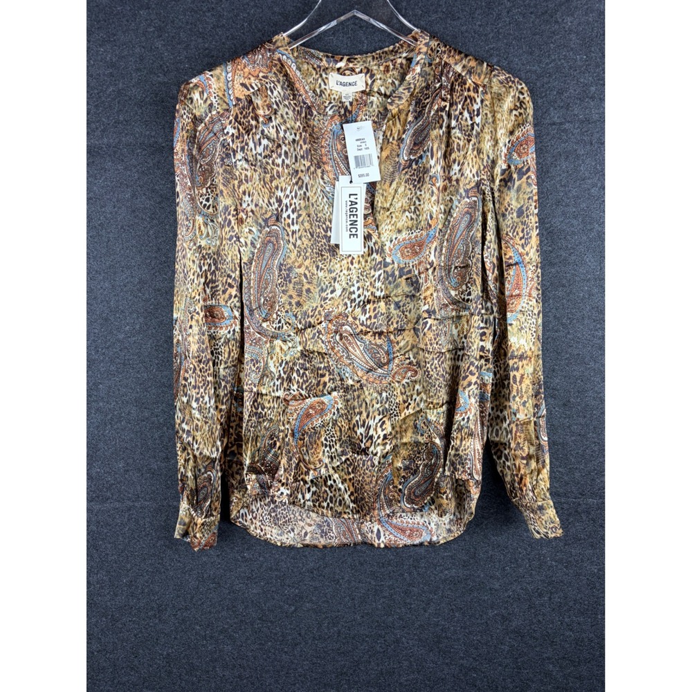 L'AGENCE Nina Silk Blouse Bronze Leopard Paisley Print Womens S NWT 4890VAH